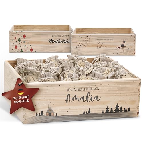 Amari ® Personalisierte Adventskiste - Adventskalender 2024 aus Holz mit Namen - Weihnachtskalender für Kinder & Erwachsene von Amari