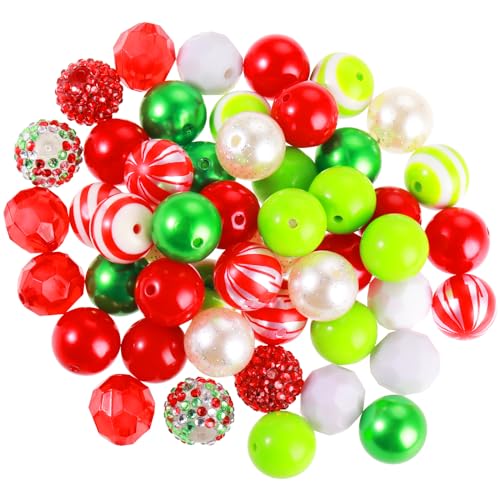 Amaxiu 50 Stück 20 mm Weihnachts Kaugummiperlen, große Acrylperlen Bulk Kunststoffperlen Set blickdichte Strass Perlen mit Schnüren Karabinerverschlüsse für die Schmuckherstellung Halskette Armband von Amaxiu