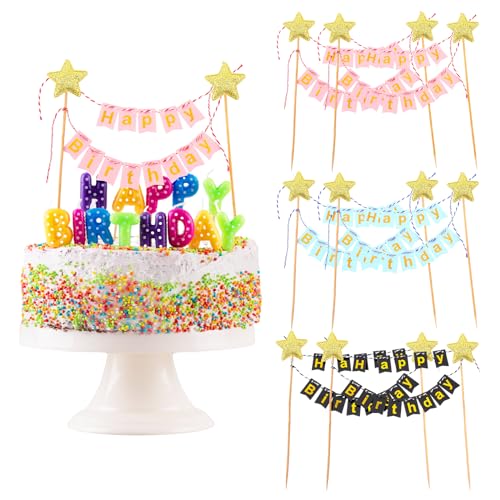 Amaxiu 6 Stück Wimpelketten Happy Birthday Tortenstecker, Alles Gute zum Geburtstag Wimpelkette Kuchen Topper happy birthday tortendeko Gold Stern Flagge Banner zum Jungen Mädchen Geburtstagsfeier von Amaxiu