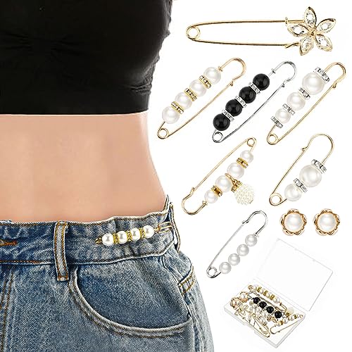 Amaxiu 9 Stück Niedliche Perlen Broschennadeln für Damen, Strass Sicherheitsnadeln, Broschen, Jean Hosen Taillenspanner Pullover Schal Clip kein Nähen Jean Taillenknöpfe Ausschnittnadeln von Amaxiu