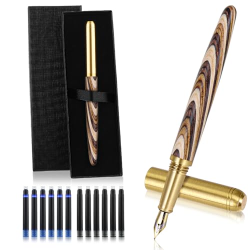 Amaxiu Holz Vintage Füllfederhalter Set, 0.5 mm feine Spitze handgefertigter Kalligrafiestift aus Holz mit 6 schwarzen und 6 blauen 2.6mm Tintenpatronen für Tagebuch Kalligraphie Büro von Amaxiu