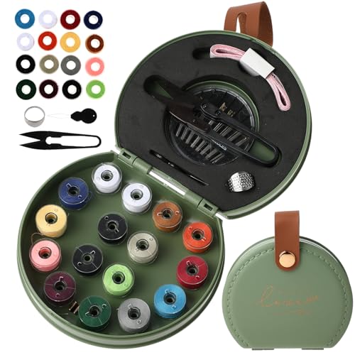 Amaxiu Mini Reise Nähset, luxuriöses tragbares Näh Reparaturset mit faltbarem Leder Organizer Etui, anfängerfreundliches Heimwerker Handnähzubehör mit Faden, Schere, Nadel, Knopfstiften (grün) von Amaxiu