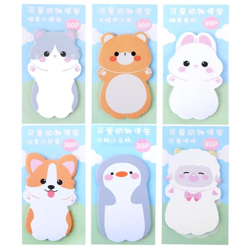 Amaxiu 180 Blatt Haftnotizen mit Niedlichen Tieren, 6 Stück Kawaii Haftnotizen Selbstklebende Cartoon Notizblöcke Niedliche Seitenmarkierungen Notizblock für Schüler Zuhause Schule Büro (8 x 5 cm) von Amaxiu