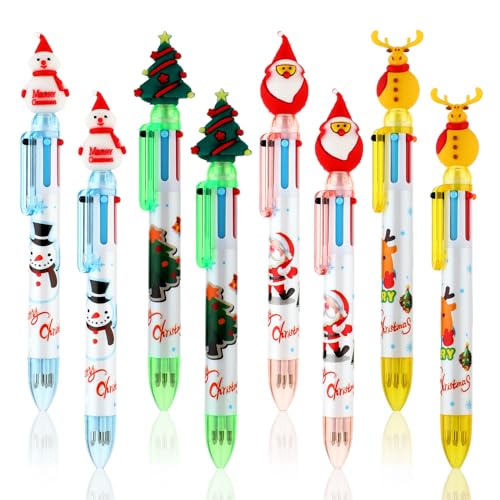 Amaxiu Weihnachten 6 in 1 mehrfarbige Kugelschreiber, 8 Stück Einziehbarer Tintenroller Weihnachtsthema Niedlicher Cartoon Schneemann Rentier Baum 0,5 mm Feine Spitze für Schulparty Geschenk von Amaxiu