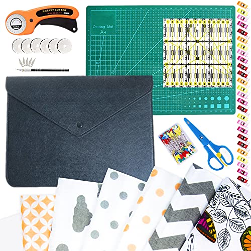 Nähset Baumwollstoff mit 8 Elemente Sewing kit Set - u.a. Schneidematte Rollschneider Patchwork Lineal Bastelmesser und Ersatzklingen von Amazinggirl