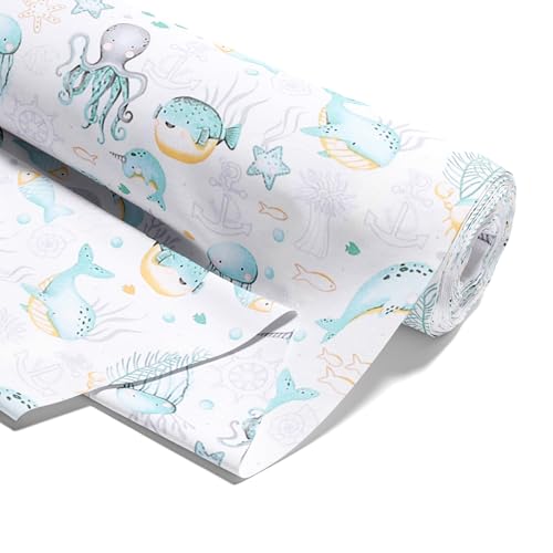 Stoff Meterware Baumwollstoff 5 M x 160 cm - Stoffe zum Nähen aus reine Baumwolle Fabric Futterstoff Dekostoff für Patchwork Canvas und Sewing Nähstoff Wassertiere Weiß von Amazinggirl