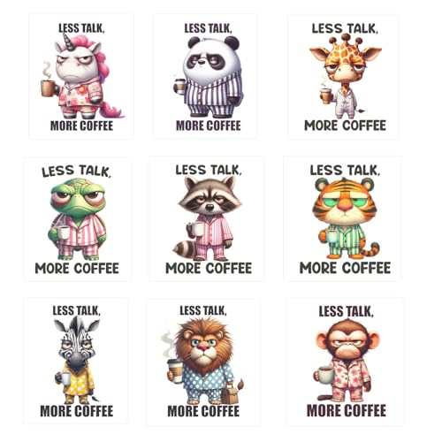 Less Talk More Coffee Animals Löwe, Tiger, Bügelbilder für Kleidung, zum Aufbügeln, Wärmetransfer-Flicken, Vinyl-Aufkleber für Kleidung, T-Shirts, Taschen, Kissenbezüge, 9 Stück von Amazingxy