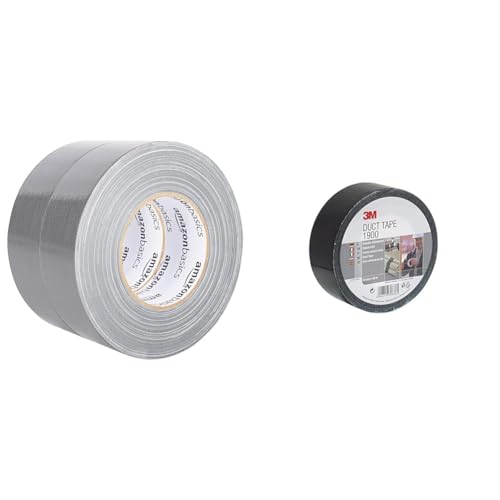 Amazon Basics Allzweck-Panzerband, 2er-Pack, Silberfarben, 5 cm Breite x 54,8 m & 3M Gewebeklebeband 1900, Duct, Starkes Panzer-Tape, Reparatur-Klebeband, 50 mm x 50 m, Schwarz (1-er Pack) von Amazon Basics