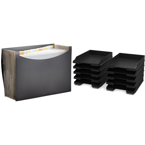 Amazon Basics Dokumentenmappe A4 & Detectalia Dokumentenablagen Schwarz A4 - Stapelbarer Schreibtisch-Organisator - Kunststoff-Büroablage - Papierhalter - Postkörbe - 35x25x5,2 cm von Amazon Basics