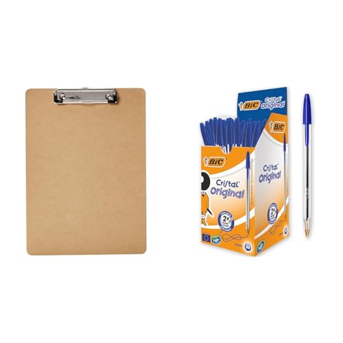 Amazon Basics - Hartplatten-Klemmbrett - 12er-Packung, Braun & BIC Kugelschreiber Cristal Medium, 50 Kulis in Blau, Strichstärke 0,4 mm, Dokumentenecht, Liegen gut in der Hand von Amazon Basics