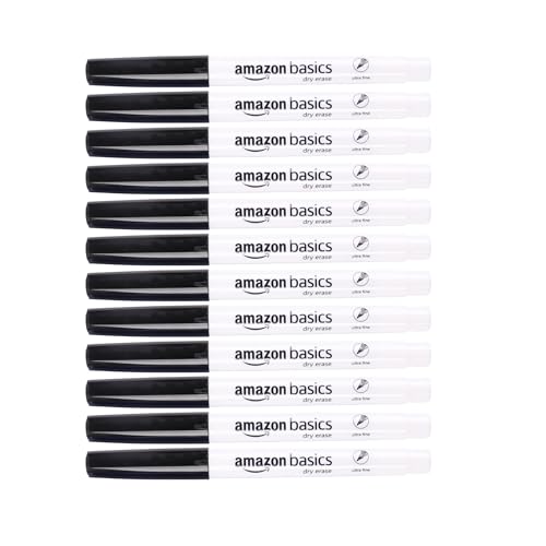 Amazon Basics Whiteboard-Marker, geruchsarm, ultrafeine Spitze, trocken abwischbar, Schwarz, 12 Stück von Amazon Basics