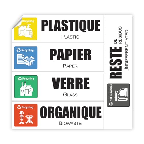 Ambiance Sticker Selbstklebende Etiketten aus PVC – Recycling-Mülleimer, weich, wasserdicht, waschbar, für die Verwaltung von Müll, selbstklebend – 5 Etiketten à 20 x 6 cm von Ambiance Sticker