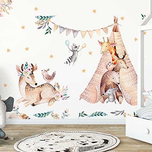 Kinder Wandaufkleber - Babyzimmerdekoration - Kinder Wandaufkleber - Bukolische Waldtiere Wandaufkleber - Riesentier Wandaufkleber - H135 x B120 cm von Ambiance Sticker