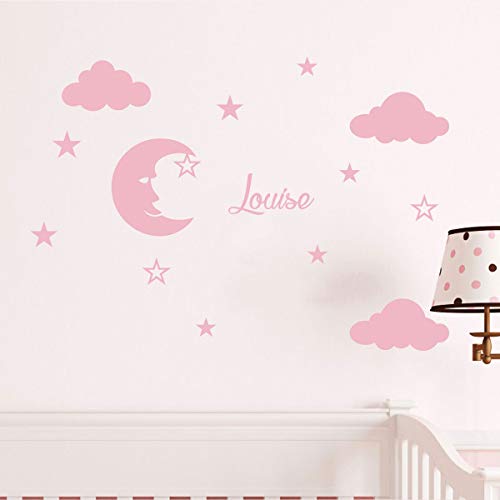 Personalisierbare Namensaufkleber | Mond und Wolken | Wanddeko Kinderzimmer | 2 Bögen à 25 x 30 cm und 40 x 30 cm | personalisierbare Prenom Aufkleber Pink Pulver von Ambiance Sticker