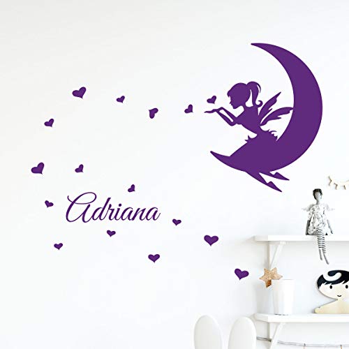 Personalisierter Vornamensticker, selbstklebend, Fee auf dem Mond, Wanddekoration, Kinderzimmer, 2 Bögen à 30 x 20 cm und 60 x 25 cm, Violett von Ambiance Sticker