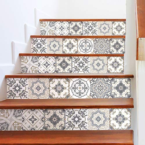 Selbstklebende Treppe Fliesen | Selbstklebender Aufkleber Zementfliesen | Sticker Gegenzeichen Fliesen | Treppe Zementfliesen selbstklebend – Azulejos – 15 x 105 cm – 6 Streifen von Ambiance Sticker