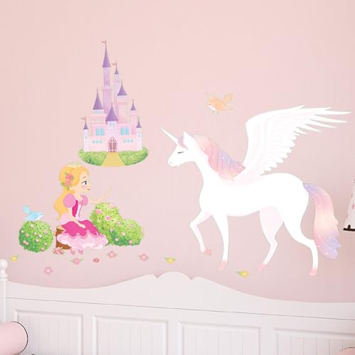 Ambiance Sticker Wandaufkleber-Dekorationsklebstoffe Prinzessin, Einhorn und Schloss Wandtattoo für Baby, Kinderzimmer und Wohnzimmer - H70 x L50 cm von Ambiance Sticker