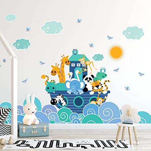 Wandsticker Kinder - Deko Babyzimmer - Wandsticker Kinder - Wandtattoo skandinavisch - Wandtattoo Tiere auf Glückwellen - H120 x L180 cm von Ambiance Sticker