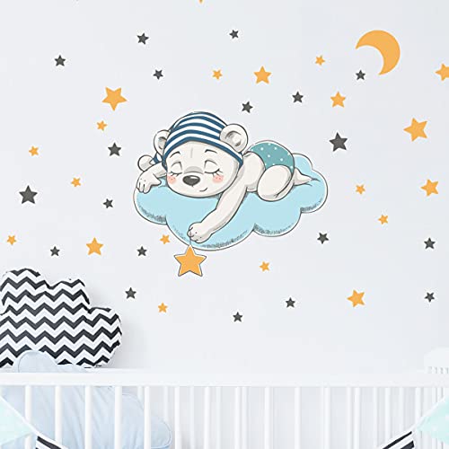 Wandsticker Kinder - Deko Babyzimmer - Wandtattoo Kinderzimmer - Wandaufkleber verträumter Bär und 50 Sterne - H30 x L35 cm von Ambiance Sticker