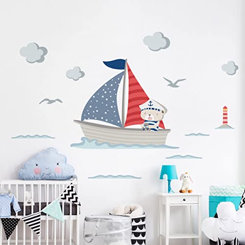 Wandsticker Kinder Dekoration Babyzimmer Wandtattoo Kinderzimmer Wandsticker Kinderzimmer Wandaufkleber Bär Kapitän Bootsbär H60 x 70 cm von Ambiance Sticker