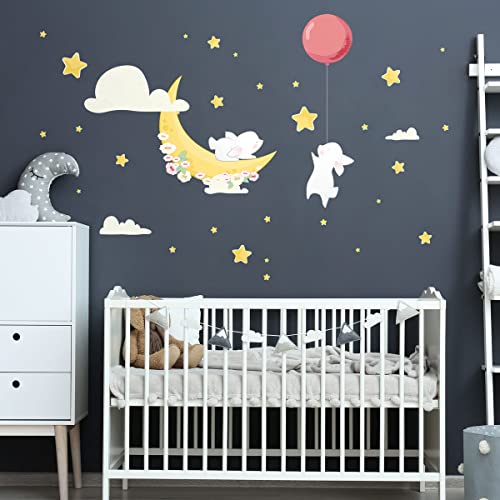 Wandsticker Kinder Dekoration Babyzimmer Wandtattoo Kinderzimmer Wandsticker Kinderzimmer Wandsticker Hasen Freunde Sterne Mond H90 x 60 cm von Ambiance Sticker