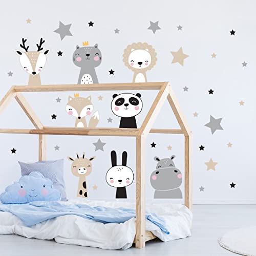 Wandtattoo Kinder - Dekoration Babyzimmer - Wandtattoo Kinderzimmer - Wandaufkleber Skandinavische Tiere + 60 Sterne - H60 x L60 cm von Ambiance Sticker