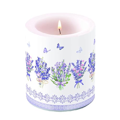 Ambiente Kerze Stumpenkerze Wachswindlicht 10 cm hoch Paraffinwachs 45h Brenndauer Tischdekoration Lavendel Garten Landhaus in pastell Farben Serie lovely lavender von Ambiente