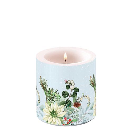 Ambiente Kerze Stumpenkerze Wachswindlicht Dekorationskerze 9 cm hoch Paraffinwachs 35h Brenndauer Blumen Zweige Winter Weihnachten Advent Serie white poinsettia von Ambiente