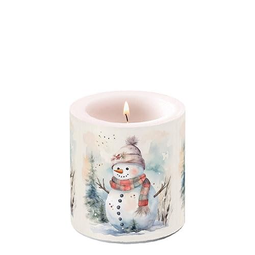 Ambiente Kerze Stumpenkerze Wachswindlicht Dekorationskerze 9 cm hoch Paraffinwachs 35h Brenndauer Schneemann Winter Serie snowman in nature von Ambiente