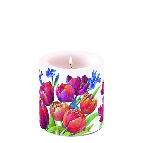 Ambiente Kerze Stumpenkerze Wachswindlicht Dekorationskerze 9 cm hoch Paraffinwachs 35h Brenndauer Tulpen Blumen Frühling Sommer Serie tulips of joy von Ambiente