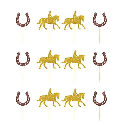 24 Stück Kentucky Derby Cupcake-Topper, Reitpferd-Motto-Party-Dekoration, Babyparty-Zubehör, Hufeisen-Schild, Lebensmittelspieße – Gold-Glitzer von Ambishi