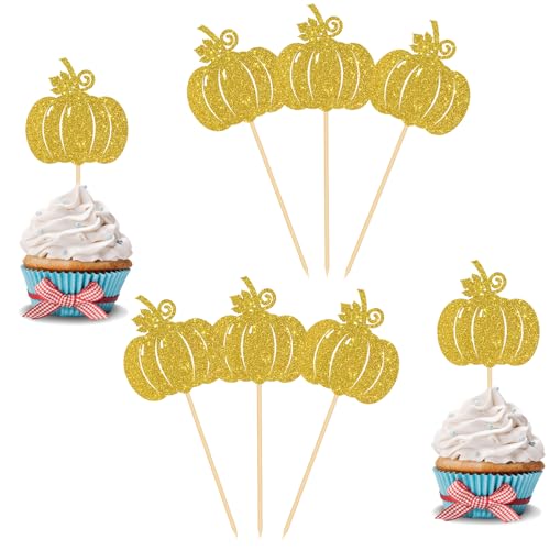 24 Stück glitzernde Kürbis-Cupcake-Topper, Herbst-Thema, Dessert-Dekoration, kleines Kürbis-Schild, Babyparty-Partyzubehör, Kürbis-Lebensmittel-Picker – Orange von Ambishi