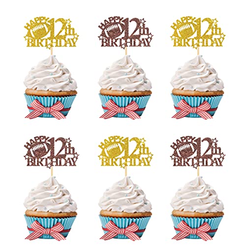 Ambishi 24 Stück Fußball Happy 12th Bithday Cupcake-Topper, Sportthema 12. Geburtstag Party Dekoration für Jungen, Fußballschild zwölf Jahre alt Geburtstag Party Favor Cupcake Picks von Ambishi