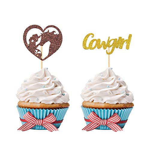 Ambishi 24 Stück Glitzer Cowgirl Cupcake Topper, Western Thema Geburtstag Babyparty Party Dekorationen für Western Cowgirl Rodeo Cupcake Picks Baby Shower Zahnstocher für Western Thema Party Favors Supplies von Ambishi