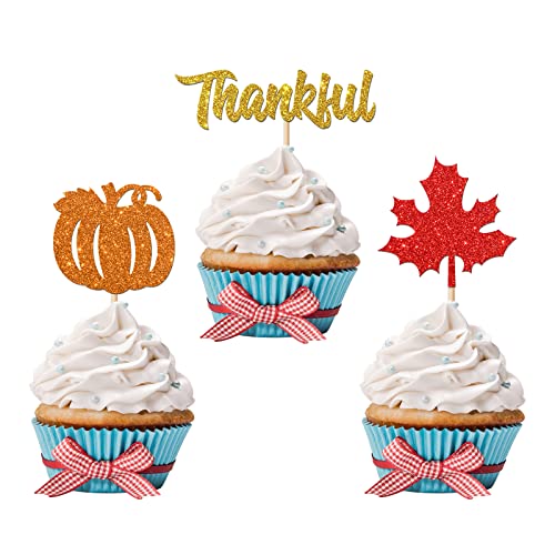 Ambishi 24 Stück Glitzer Thankful & Maple Leaf & Pumpkin Cupcake Topper, Happy Thanksgiving Day Party Dekorationen, Happy Fall Day Herbst Ernte Party Cupcake Picks Food Toppers von Ambishi