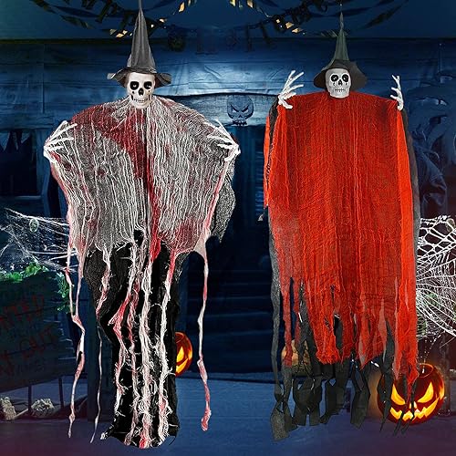 Halloween Skelett Deko Ambolio 2 Stück 150 cm Halloween Hängende Sensenmänner Geist Dekorationen Hängend Hexe Skelett Geister Totenkopf Horror Augen für Halloween Indoor und Outdoor Dekoration von Ambolio