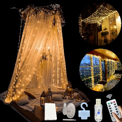 Amening 3mx3m Lichtervorhang,300LED PVC Lichterkettenvorhang USB 8 Modi Lichterkette mit 10 Haken,IP65 Wasserdicht Lichtervorhang Innen Außen Deko für Valentinstag,Ramadan,Hochzeit,Weihnachten von Amening