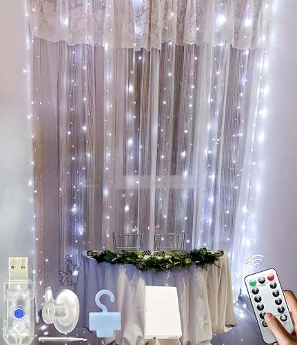 Amening 3mx3m Lichtervorhang,300LED PVC Lichterkettenvorhang USB 8 Modi Lichterkette mit 10 Haken,IP65 Wasserdicht Lichtervorhang Innen Außen Deko für Valentinstag,Ramadan,Hochzeit,Weihnachten von Amening