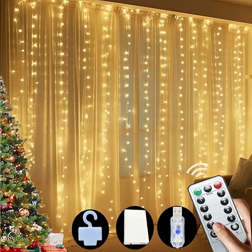 Amening Lichtervorhang 3x3m LED Lichterketten Vorhang LED Lichterkettenvorhang mit 8 Modi,IP65 Wasserdicht Lichterkette Vorhang mit 10 Haken für Valentinstag,Ramadan,Hochzeit,Weihnachten von Amening