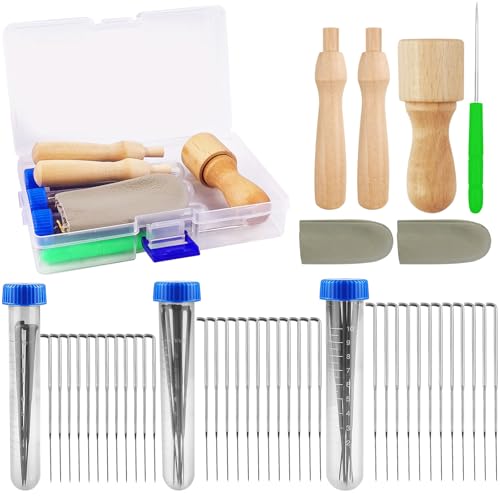 Amentalove 44PCS Nadelfilz Set, Filznadeln Set, Filznadeln zum Trockenfilzen mit Filznadeln in 3 Größen, Nadelgriffe aus Holz,Nadelflaschen,Fingerbett, Wollfilzwerkzeug Set zum Wollfilzen für Anfänger von Amentalove