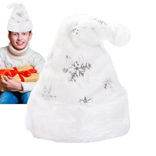 Amesor Plüsch-Weihnachtsmütze, Weihnachtsmütze für Erwachsene | Unisex-Kopfbedeckung mit funkelndem Schneeflockenmuster | Flauschige Weihnachtsmütze für festliche Neujahrsvorräte von Amesor