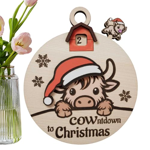 Amesor Weihnachts-Countdown-Schieberegler, Weihnachts-Countdown-Wandkalender - Highland Cow Bis Weihnachten Countdown-Schild | Countdown-Schild aus Holz bis Weihnachten, 3D-Countdown zum von Amesor