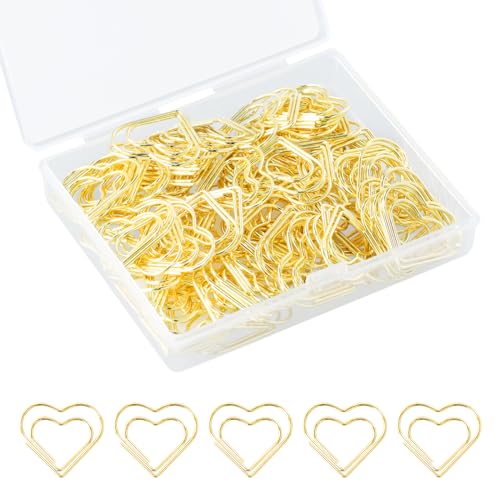 Amexo 100Stück Büroklammern Herz Gold, BüroklammerHerz Set mit Transparentbox 2.8cm Büroklammer Halter Ideal zum Sortieren und Befestigen von Dokumenten Herz Paper Clips Papierklammern (Gold) von Amexo