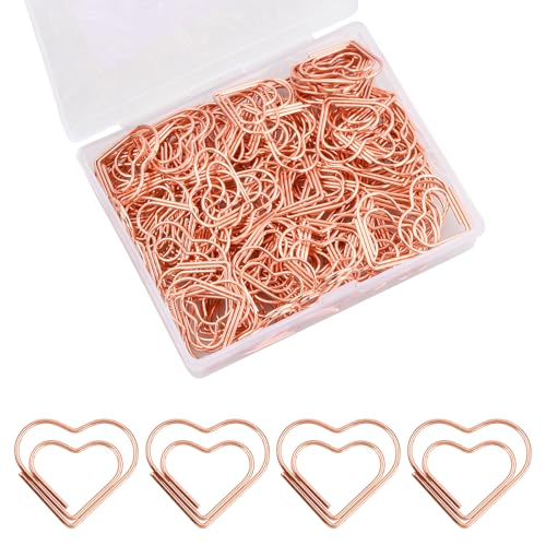 Amexo 100Stück Büroklammern Herz Gold, BüroklammerHerz Set mit Transparentbox 2.8cm Büroklammer Halter Ideal zum Sortieren und Befestigen von Dokumenten Herz Paper Clips Papierklammern (Roségold) von Amexo