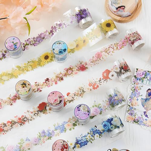 Amexo 6 Rolls Blumen PET Washi Tape, Floar Deko Washi Masking Tape Transparent Scrapbook Stickers Vintage Washi Tapes Deko Klebeband für Bullet Journal Scrapbook Zubehör von Amexo