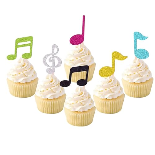 Amexo Musiknoten Ausschnitte Tortendeko, 24 Stück Cupcake-Topper mit Musiknoten, Noten Deko, Musik Party Dekorationen Glitzer Kuchen Deko, Musical Symbol Cupcake Toppers für Rock Musikpartys (Bunt) von Amexo