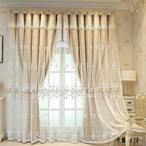 Amidoudou 1 Paar luxuriöse, moderne Blumen-Vorhänge, mit Volant, doppellagig, für Wohnzimmer, Schlafzimmer, bestickte Vorhänge (Beige, 137,2 x 228,6 cm) von Amidoudou