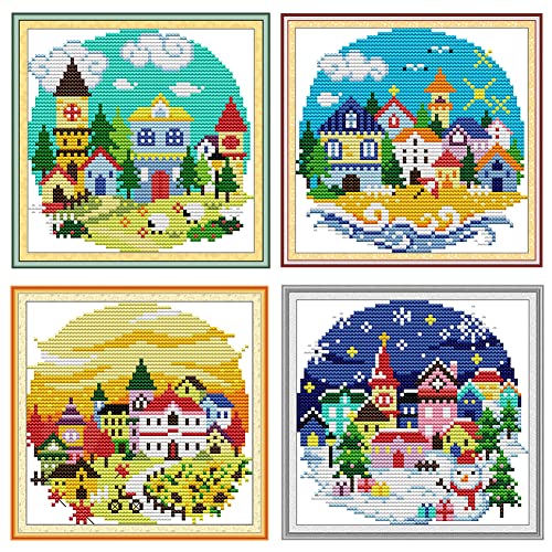 Amiiba Geprägtes Kreuzstich-Set, für vier Jahreszeiten, Weihnachtsbaum, Schneemann, Baum, DIY, 11 Karat, 20,8 x 20,8 cm (vier Jahreszeiten) von Amiiba