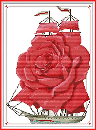 Amiiba Kreuzstich-Set, Motiv: Segelschiff, rote Rose, 11 Ft, 42,9 x 57,9 cm (Segelboot) von Amiiba