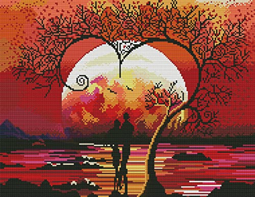 Amiiba Kreuzstich-Set, vorgedruckt, Sonnenuntergang auf Meer, Liebesbaum-Landschaft, DIY, 11-fädig, geprägt, 39,9 x 50 cm, Stickset mit Muster (Liebesbaum) von Amiiba